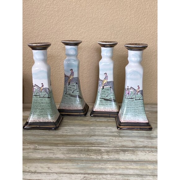 4 X Vintage Equestrian Horse Rider Porcelain Candlestick Holders Hand Painted - Picture 1 of 12